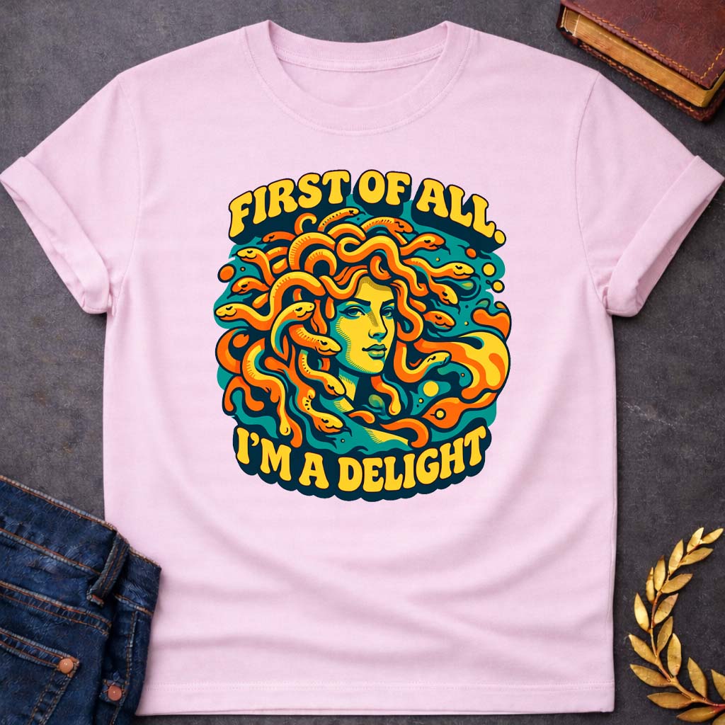 medusa first of all im a delight psychedelic style greek mythology youth shirt featuring detailed Greek mythology artwork, symbolic design, and bold graphic style