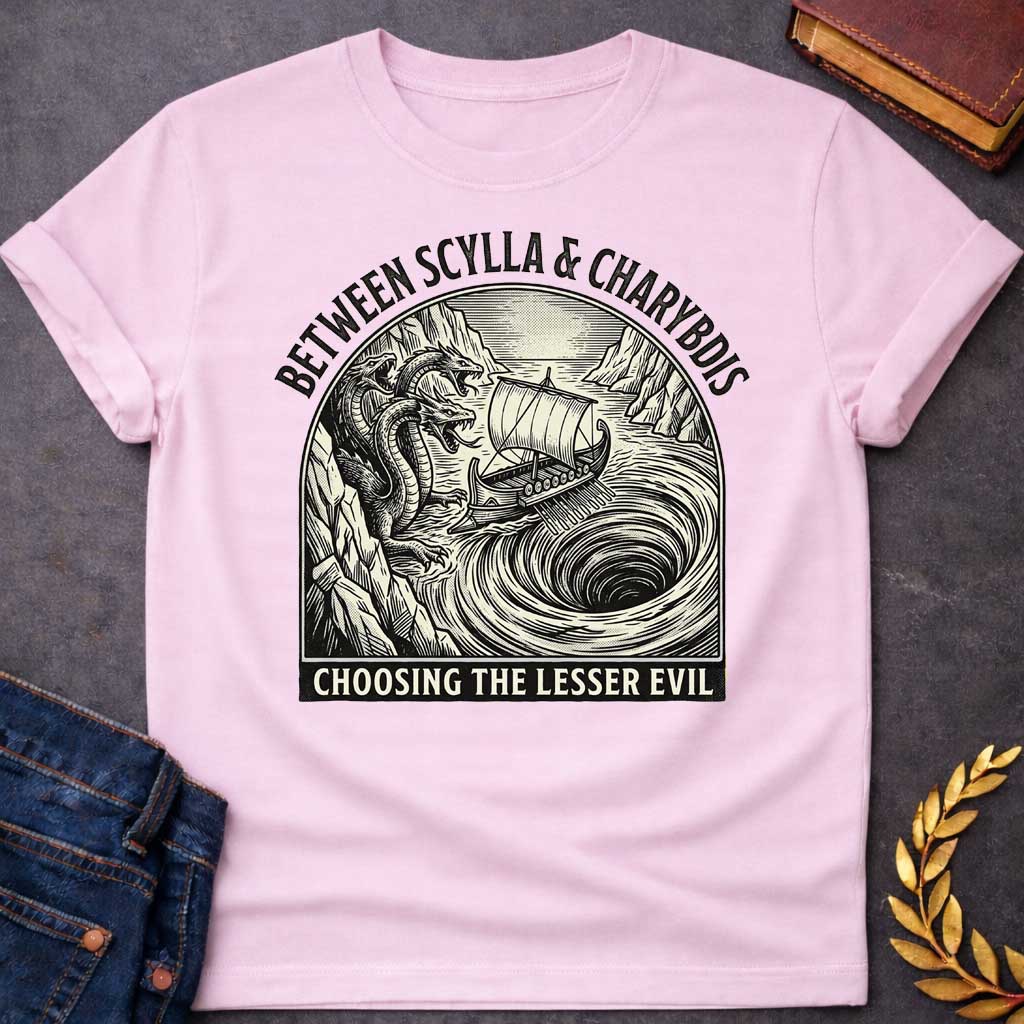 Light Pink t-shirt in a vintage woodcut-style, Inside an arched badge, an ancient Greek ship sails narrowly between a multi-headed sea monster on rocky cliffs and a massive, swirling whirlpool. Bold arched text above reads "BETWEEN SCYLLA & CHARYBDIS", while a banner along the bottom displays the phrase "CHOOSING THE LESSER EVIL" in a clean, sans-serif font.
