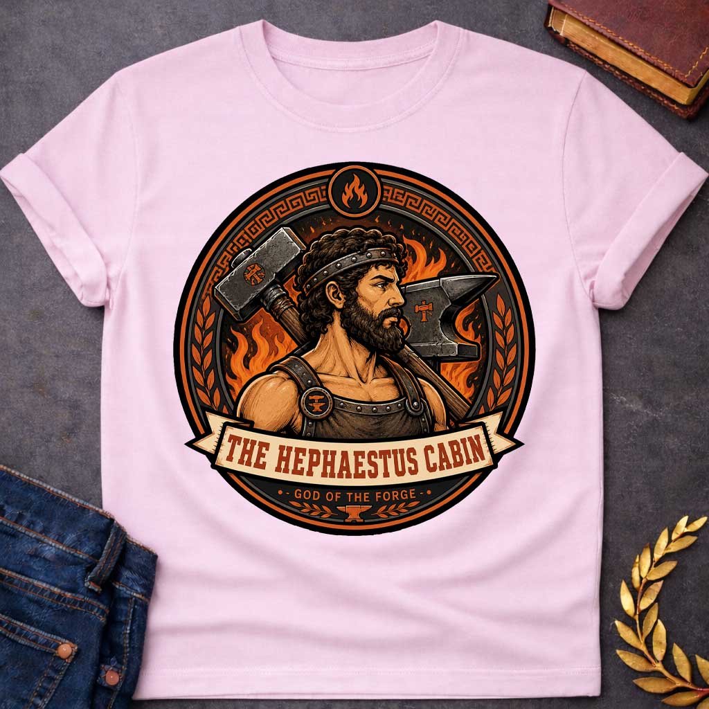 Light Pink t-shirt with a Hephaestus Greek mythology cabin design featuring the bearded god of the forge carrying a large hammer, with an anvil and blazing flames behind him. Bold orange, black, and bronze circular emblem includes Greek key and laurel details with the text “The Hephaestus Cabin” and “God of the Forge,”