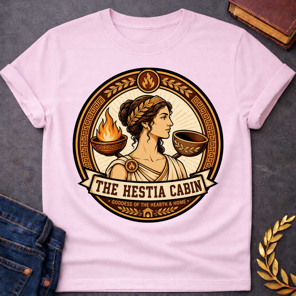 Light Pink t-shirt with a Hestia Greek mythology cabin design featuring the goddess of the hearth and home wearing a laurel crown and classical robes, framed by a burning hearth bowl, ceremonial vessel, flame symbols, laurel leaves, and Greek key patterns. Warm gold and brown circular emblem includes the text “The Hestia Cabin” and “Goddess of the Hearth & Home,”
