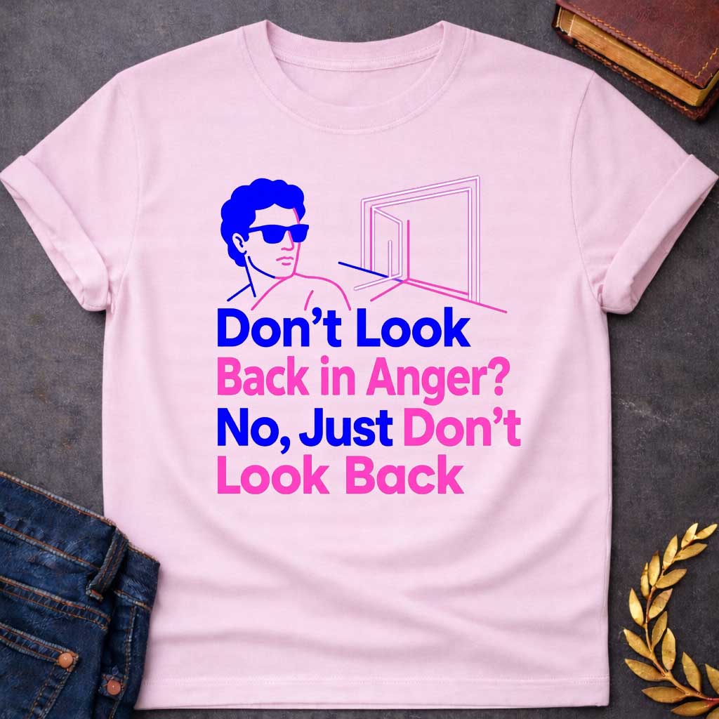 Light Pink t-shirt in bold retro pop-art line style: a blue-outlined man in sunglasses (Orpheus-inspired) faces away from a glowing pink doorway. Large stacked text below alternates between blue and pink lettering