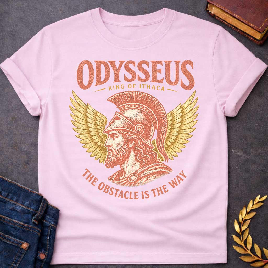 Light Pink t-shirt with a Vintage Odysseus Greek mythology design featuring the legendary King of Ithaca in profile wearing a classical crested helmet, framed by large golden wings. Distressed terracotta and gold artwork includes the text “Odysseus,” “King of Ithaca,” and “The Obstacle Is the Way,” inspired by The Odyssey and his legendary journey home.