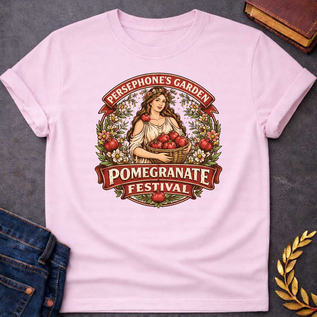 persephone garden greek mythology youth shirt featuring pomegranate, underworld queen symbolism in dark floral mythology design