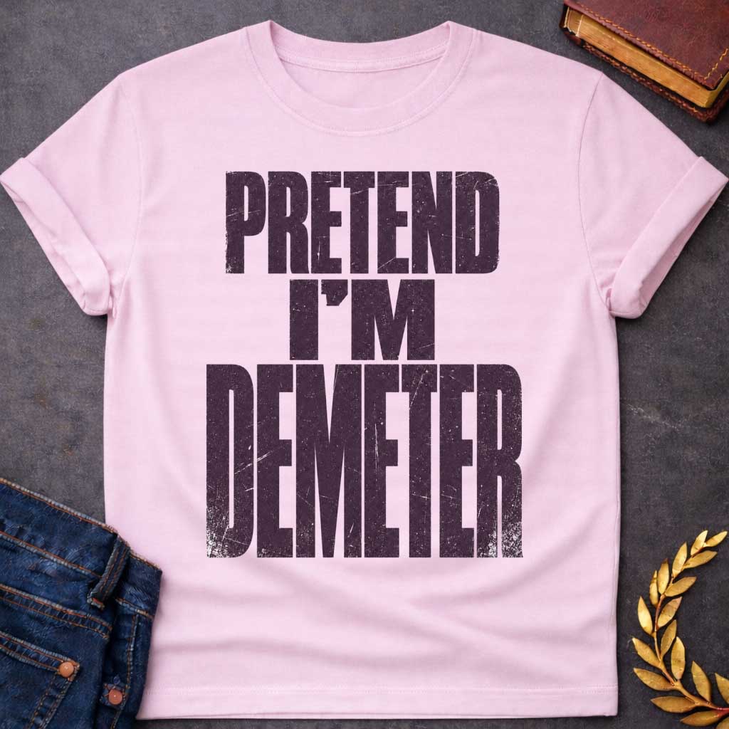 Light Pink t-shirt with a Pretend I’m Demeter Greek mythology design featuring bold distressed purple typography on a transparent background. The stacked text reads “PRETEND I’M DEMETER” in a rugged vintage block font, creating a humorous design inspired by Demeter, the Greek goddess of agriculture, harvest, grain, fertility, and the earth.