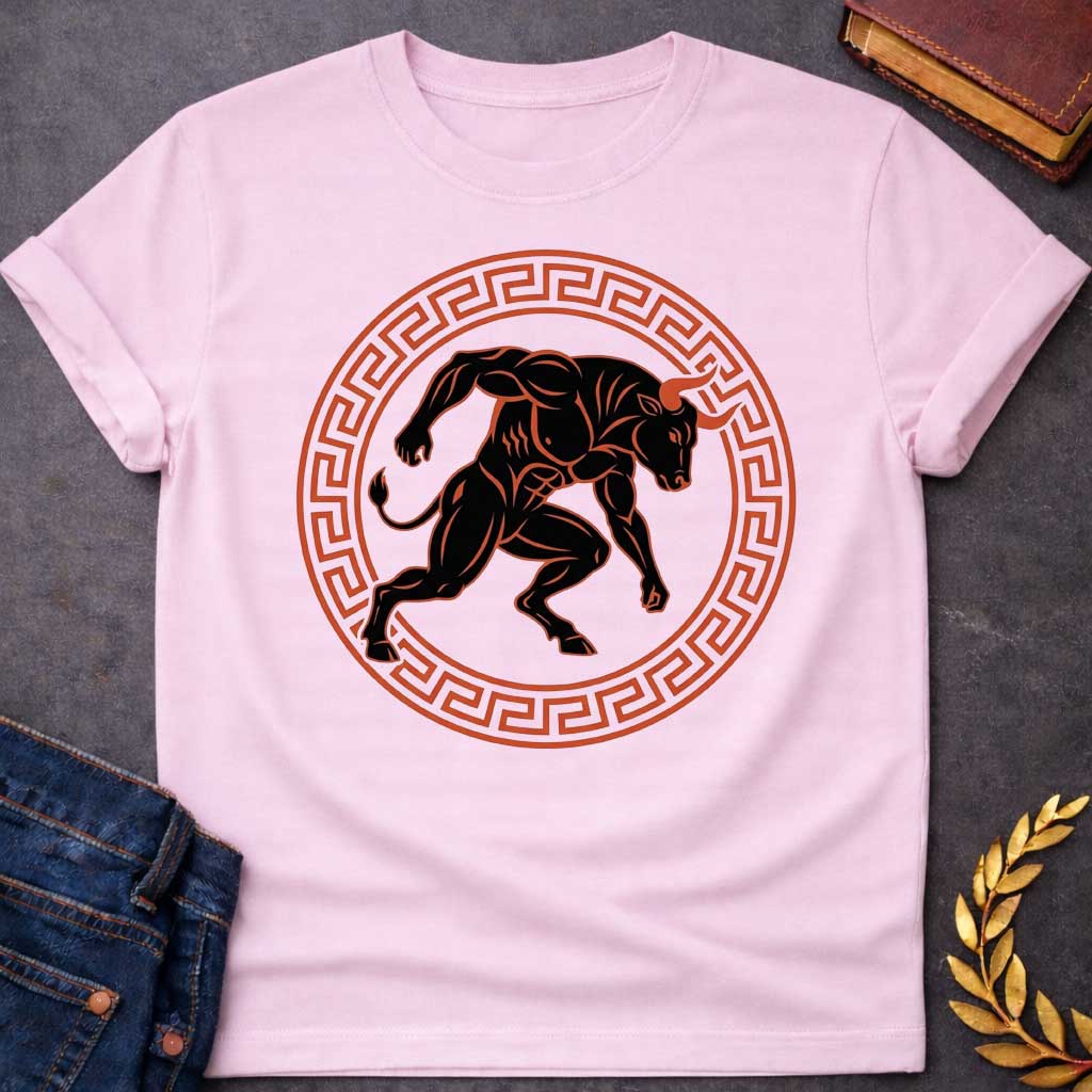Light PInk T-shirt with A minimalist, athletic-style t-shirt graphic.  At the center is a highly muscular, black silhouette of a charging Minotaur with orange-red highlights and sharp horns. The dynamic creature is enclosed within a circular frame decorated with a classic terracotta-colored ancient Greek key (meander) pattern, creating a bold, timeless emblem design for apparel.
