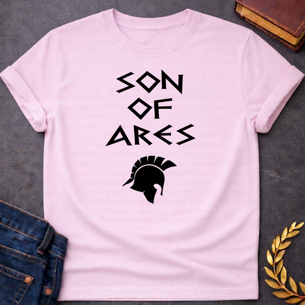 son of ares greek mythology unisex softstyle adult t shirt featuring warrior armor, battle symbolism, god of war Greek mythology design