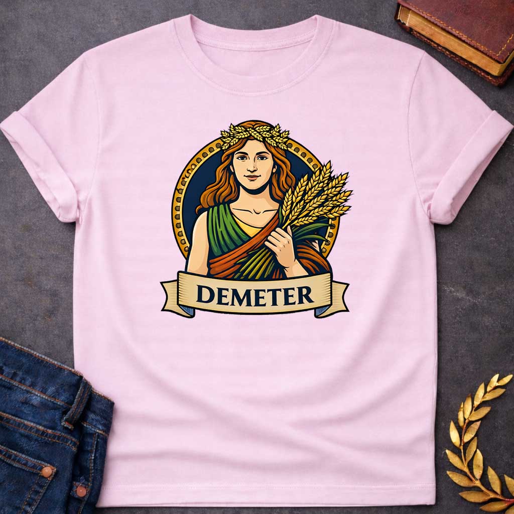 Light Pink T-shirt graphic featuring a vibrant illustrated portrait of Demeter, the Greek Goddess of the Harvest, with long wavy red hair and a golden wheat wreath crown, wearing a layered green, orange, and yellow draped robe, holding a bundle of golden wheat stalks. She is framed within a gold circular border against a navy background, with a scroll banner below reading "Demeter," in a bold tattoo-inspired style with navy, gold, and earth tones