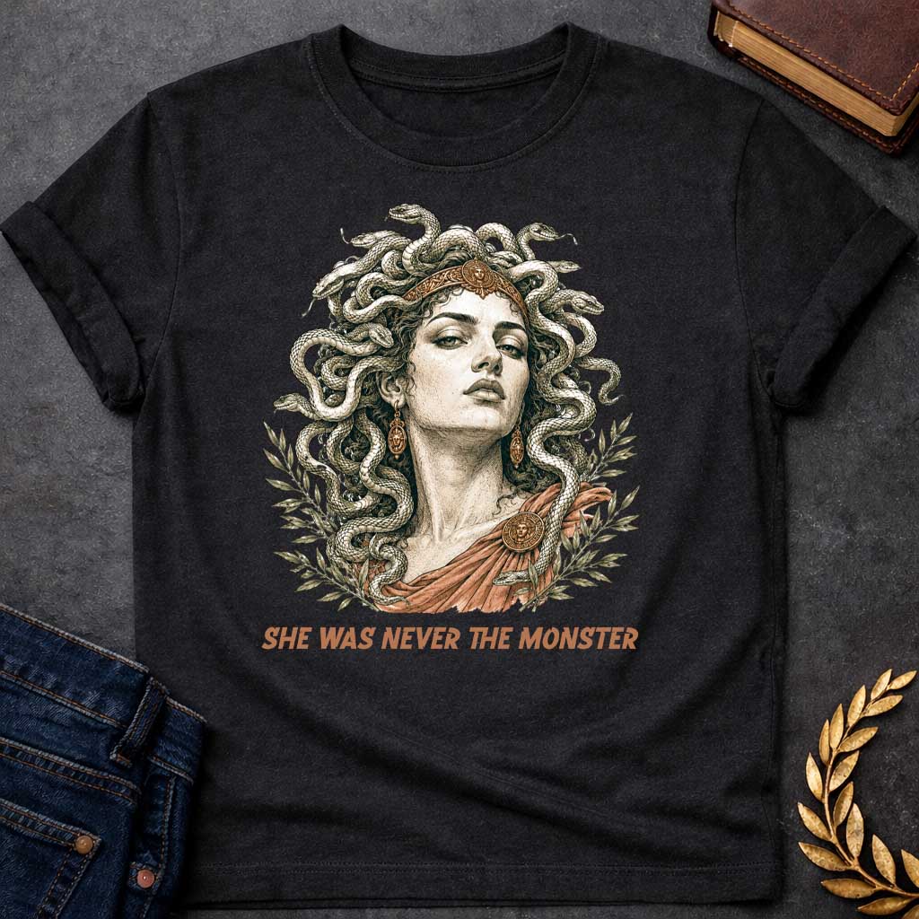 Black t-shirt with A Detailed vintage engraving-style Greek mythology t-shirt design featuring Medusa with an intense expression, a crown, and numerous snakes twisting through her hair. Olive branches frame the portrait, with bronze and terracotta accents adding an ancient classical feel. Bold text below reads "She Was Never the Monster," creating a dramatic reinterpretation of the Medusa myth.
