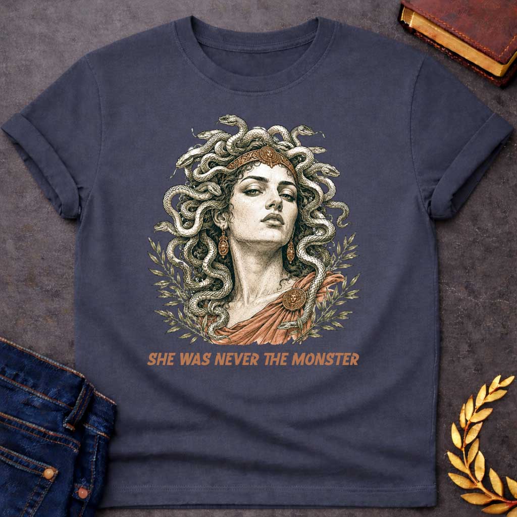 Dark Heather t-shirt with A Detailed vintage engraving-style Greek mythology t-shirt design featuring Medusa with an intense expression, a crown, and numerous snakes twisting through her hair. Olive branches frame the portrait, with bronze and terracotta accents adding an ancient classical feel. Bold text below reads "She Was Never the Monster," creating a dramatic reinterpretation of the Medusa myth.