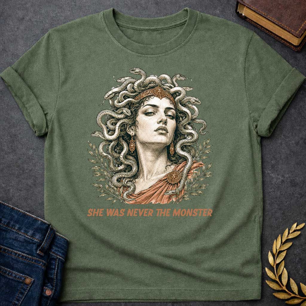 Military Green t-shirt with A Detailed vintage engraving-style Greek mythology t-shirt design featuring Medusa with an intense expression, a crown, and numerous snakes twisting through her hair. Olive branches frame the portrait, with bronze and terracotta accents adding an ancient classical feel. Bold text below reads "She Was Never the Monster," creating a dramatic reinterpretation of the Medusa myth.