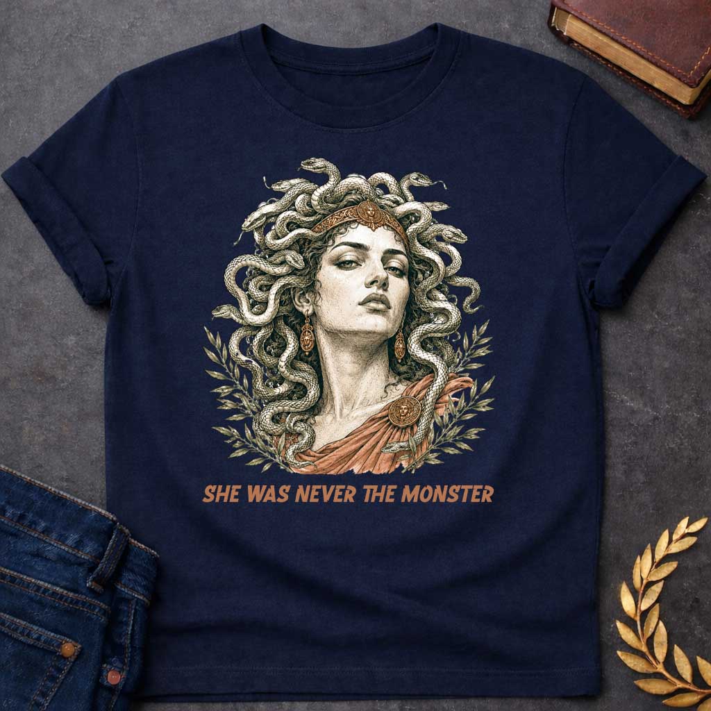 Navy t-shirt with A Detailed vintage engraving-style Greek mythology t-shirt design featuring Medusa with an intense expression, a crown, and numerous snakes twisting through her hair. Olive branches frame the portrait, with bronze and terracotta accents adding an ancient classical feel. Bold text below reads "She Was Never the Monster," creating a dramatic reinterpretation of the Medusa myth.
