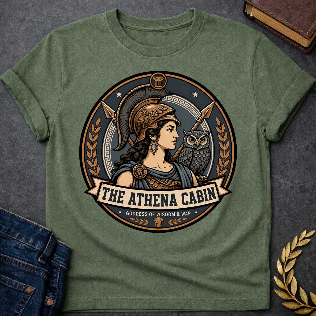 Military Green t-shirt with a Athena Greek mythology cabin design featuring the goddess of wisdom and war in a bronze warrior helmet, accompanied by her sacred owl and crossed spears. Bronze, charcoal, and cream circular camp-style emblem features Greek key details, laurel branches, and the text “The Athena Cabin” and “Goddess of Wisdom & War.”