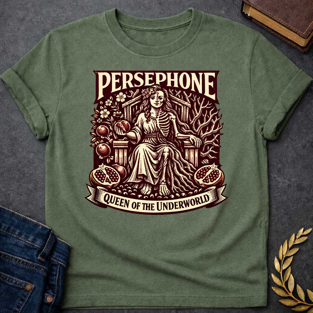 persephone pomegranate greek mythology adult shirt featuring pomegranate, underworld queen symbolism in dark floral mythology design