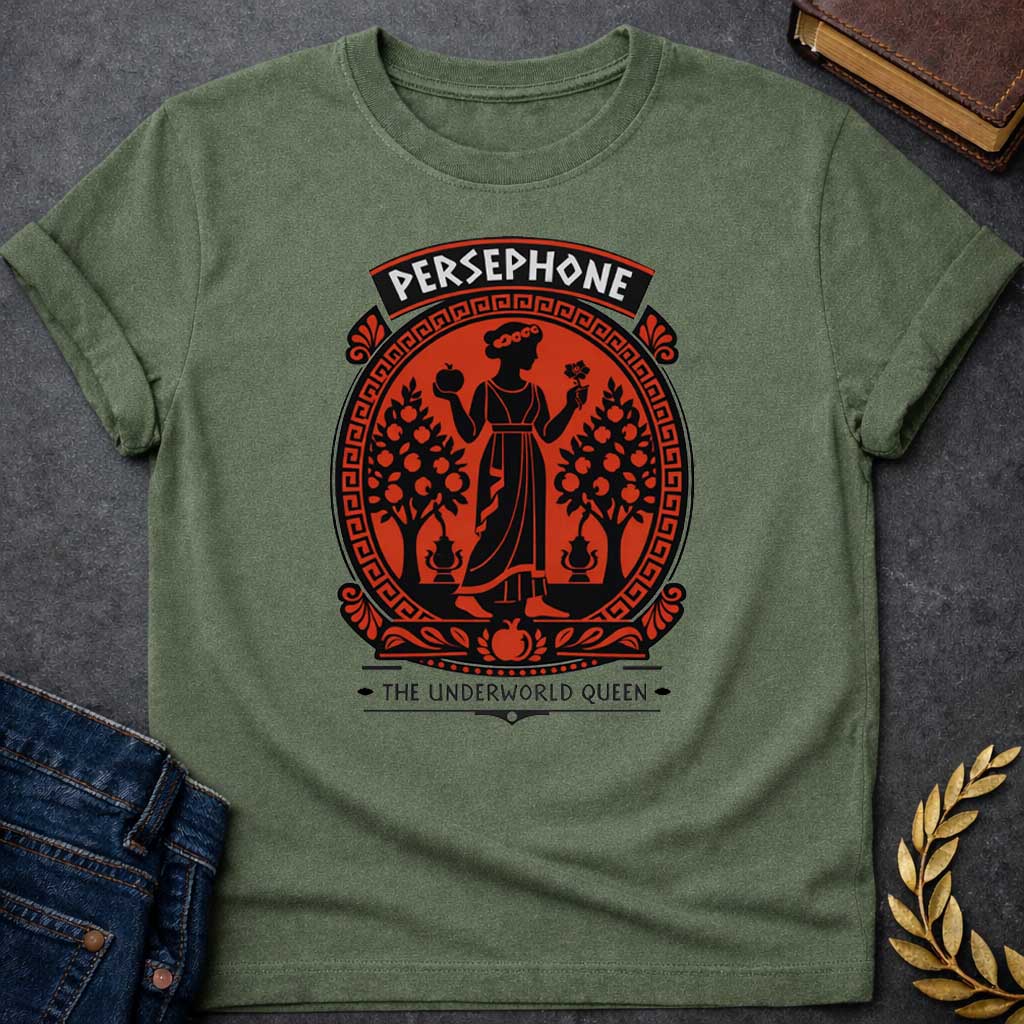 persephone the underworld queen greek mythology adult shirt featuring pomegranate, underworld queen symbolism in dark floral mythology design