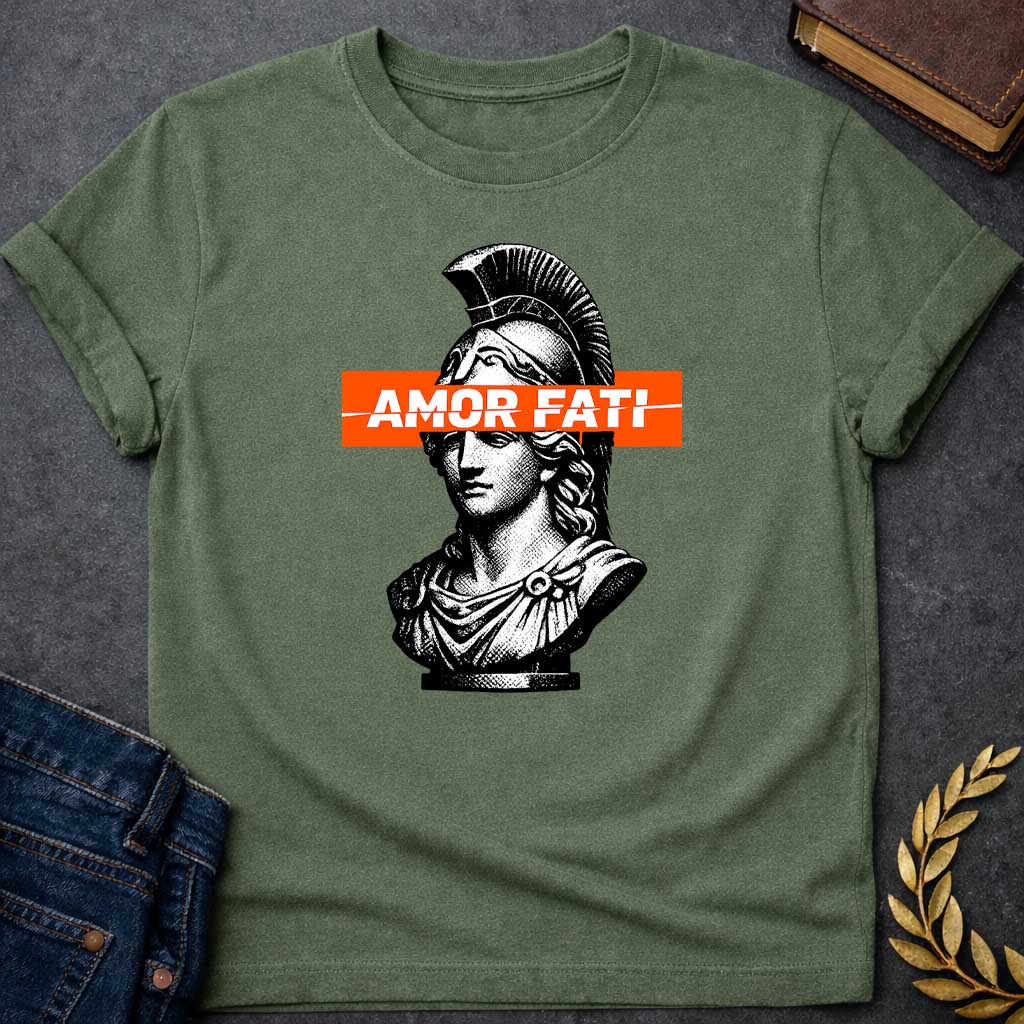 athena amor fati greek mythology adult t shirt featuring owl, laurel wreath, wisdom symbolism in vintage Greek mythology design