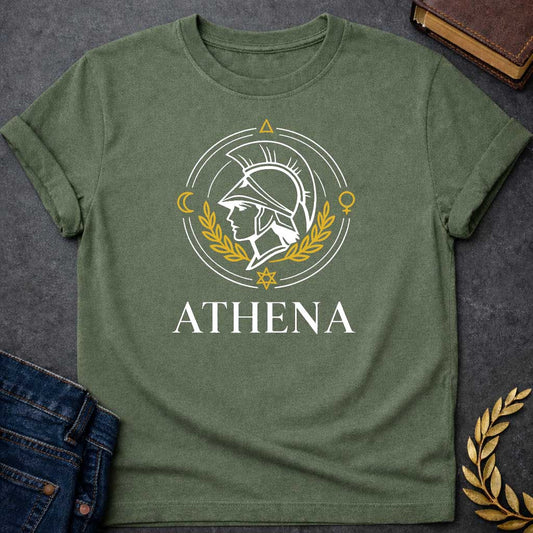 athena minimalist style greek mythology adult t shirt featuring owl, laurel wreath, wisdom symbolism in vintage Greek mythology design
