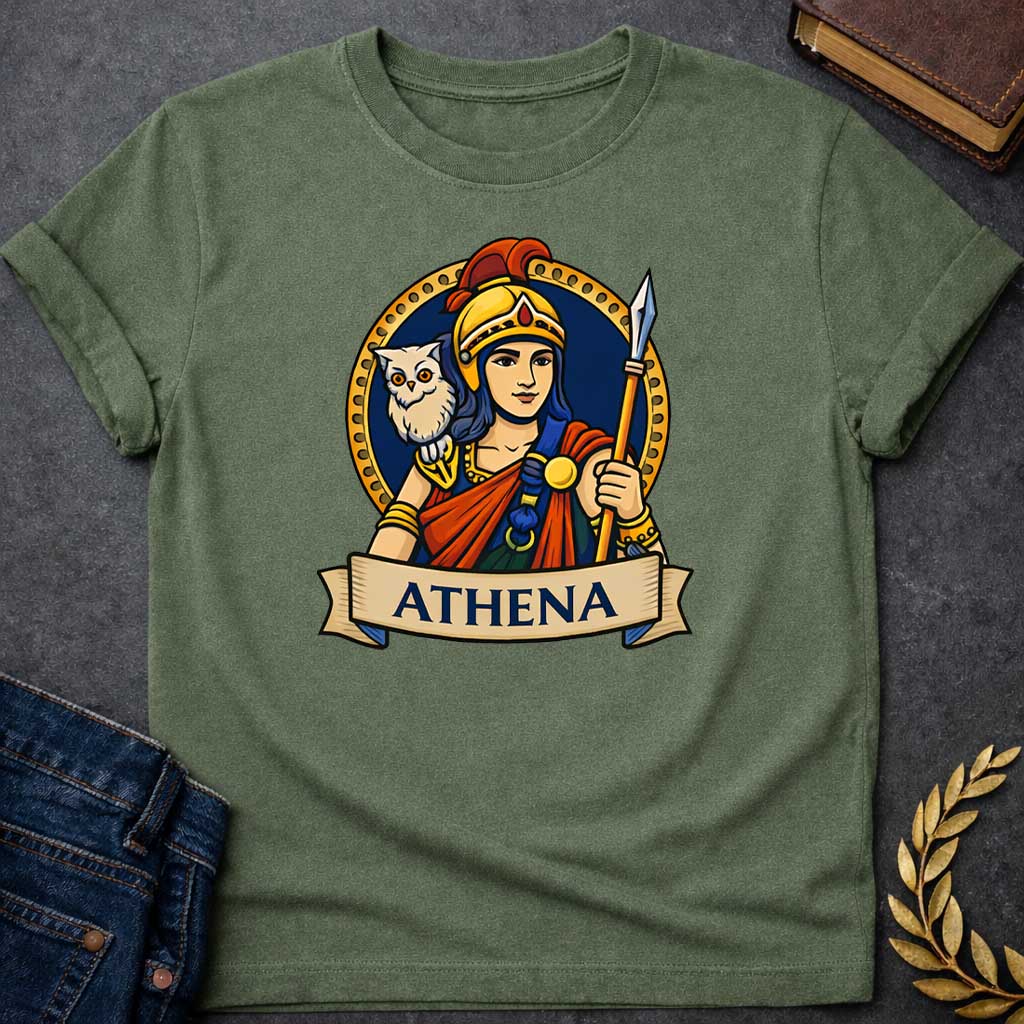 Military Green unisex t-shirt laid flat, featuring a colorful Greek mythology badge graphic of Athena in a golden helmet holding a spear, with a white owl on her shoulder, above a banner reading "ATHENA"