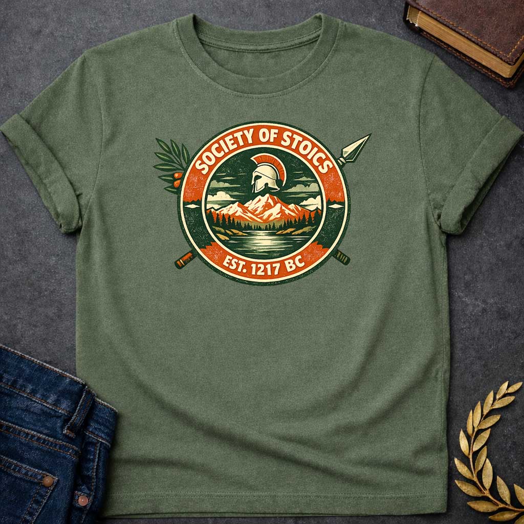 Military Green T-shirt graphic featuring a circular vintage badge design with the text "Society of Stoics" arched above and "Est. 1217 BC" below. The center illustration shows a Spartan helmet floating above a mountain landscape with pine trees and a reflective lake, rendered in dark green, orange, and cream tones. Two crossed spears extend behind the badge, with an olive branch decorating the upper left.