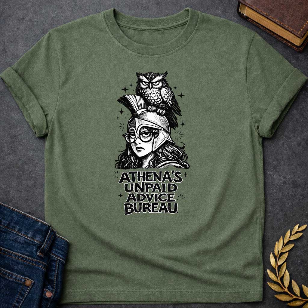 Military Green T-shirt graphic in black and white ink style featuring Athena wearing a Corinthian helmet and round glasses, with a stern-looking owl perched on top of her helmet. Bold chunky text below reads "Athena's Unpaid Advice Bureau," with small sparkle details scattered throughout the background