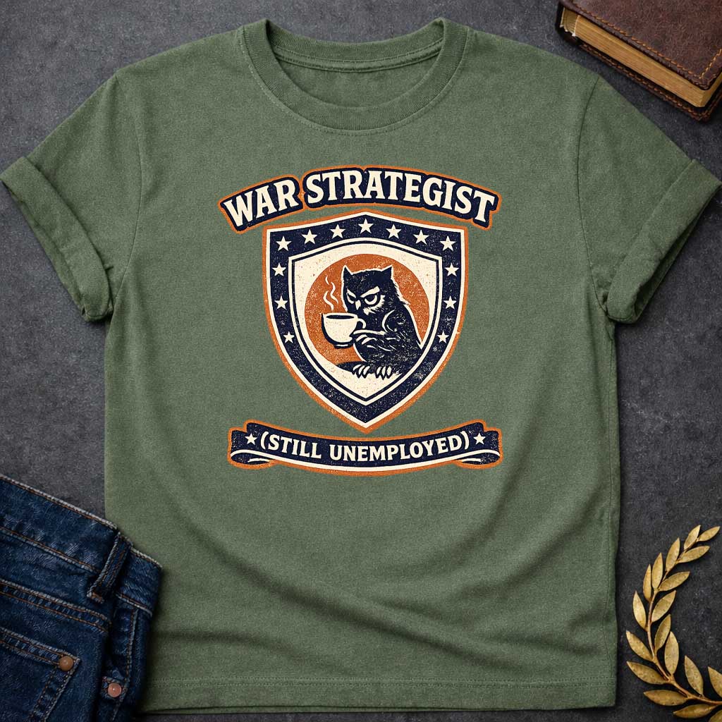 Military Green T-shirt graphic featuring a vintage varsity-style crest in navy, orange, and cream. A grumpy owl holding a steaming coffee cup is centered on a shield surrounded by stars. An arched banner above reads "War Strategist" and a ribbon banner below reads "(Still Unemployed)," giving the design a humorous tone