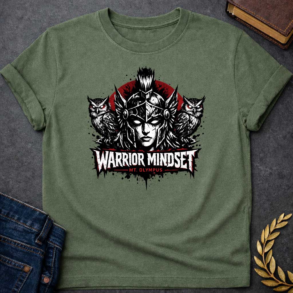 Military Green T-shirt graphic in a dark, intense ink style featuring a front-facing illustration of Athena in a winged helmet against a deep red circle, flanked by two owls with glowing red eyes. Bold distressed text below reads "Warrior Mindset" with "Mt. Olympus" in red underneath, in a heavy metal-inspired Greek mythology design rendered in black, white, and red