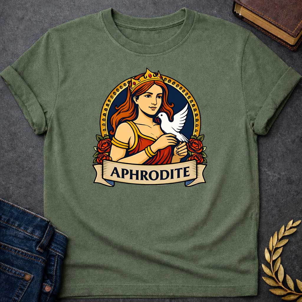 Military Green T-shirt graphic featuring a vibrant illustrated portrait of Aphrodite, the Greek Goddess of Love, with flowing red hair and a gold crown, wearing a red draped gown with gold bracelets, cradling a white dove in her hands. She is framed within a gold circular border flanked by red roses, with a scroll banner below reading "Aphrodite," in a bold tattoo-inspired style with navy, gold, and red tones