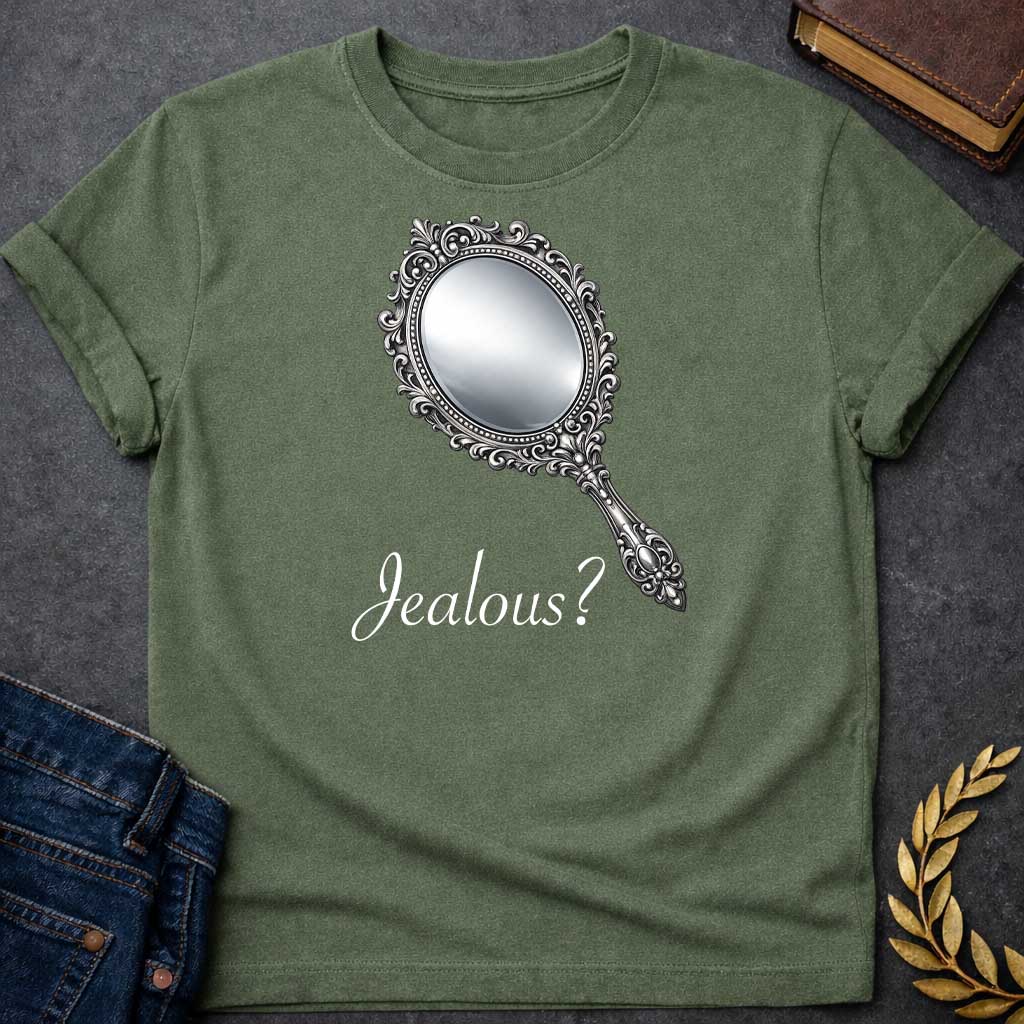 Military Green T-shirt graphic featuring an ornate silver hand mirror with an oval reflective face, decorated with intricate baroque-style scrollwork, floral motifs, and beaded detailing along the frame and handle, set against a solid black background. Associated with Aphrodite, Greek Mythology Goddess of Love