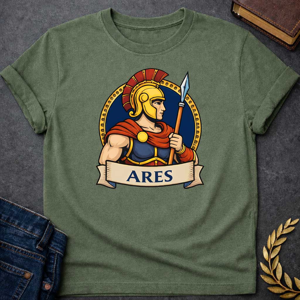 Military Green T-shirt graphic featuring a vibrant illustrated portrait of Ares, the Greek God of War, shown in side profile wearing a gold Corinthian helmet with a red plume, blue and gold armor, and a flowing red cape fastened with a gold brooch, holding a spear upright. He is framed within a gold circular border against a navy background, with a scroll banner below reading "Ares," in a bold tattoo-inspired style with navy, gold, and red tones