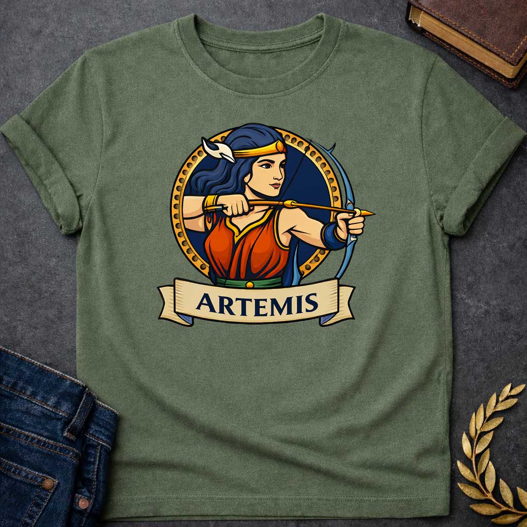 Military Green T-shirt graphic featuring a vibrant illustrated portrait of Artemis, the Greek Goddess of the Hunt, with long dark blue hair and a gold headband adorned with a white crescent moon, wearing a red and blue draped gown with a green belt, drawn back in a dynamic archery pose with a bow and arrow aimed forward. She is framed within a gold circular border against a navy background, with a scroll banner below reading "Artemis," in a bold tattoo-inspired style with navy, gold, and red tones
