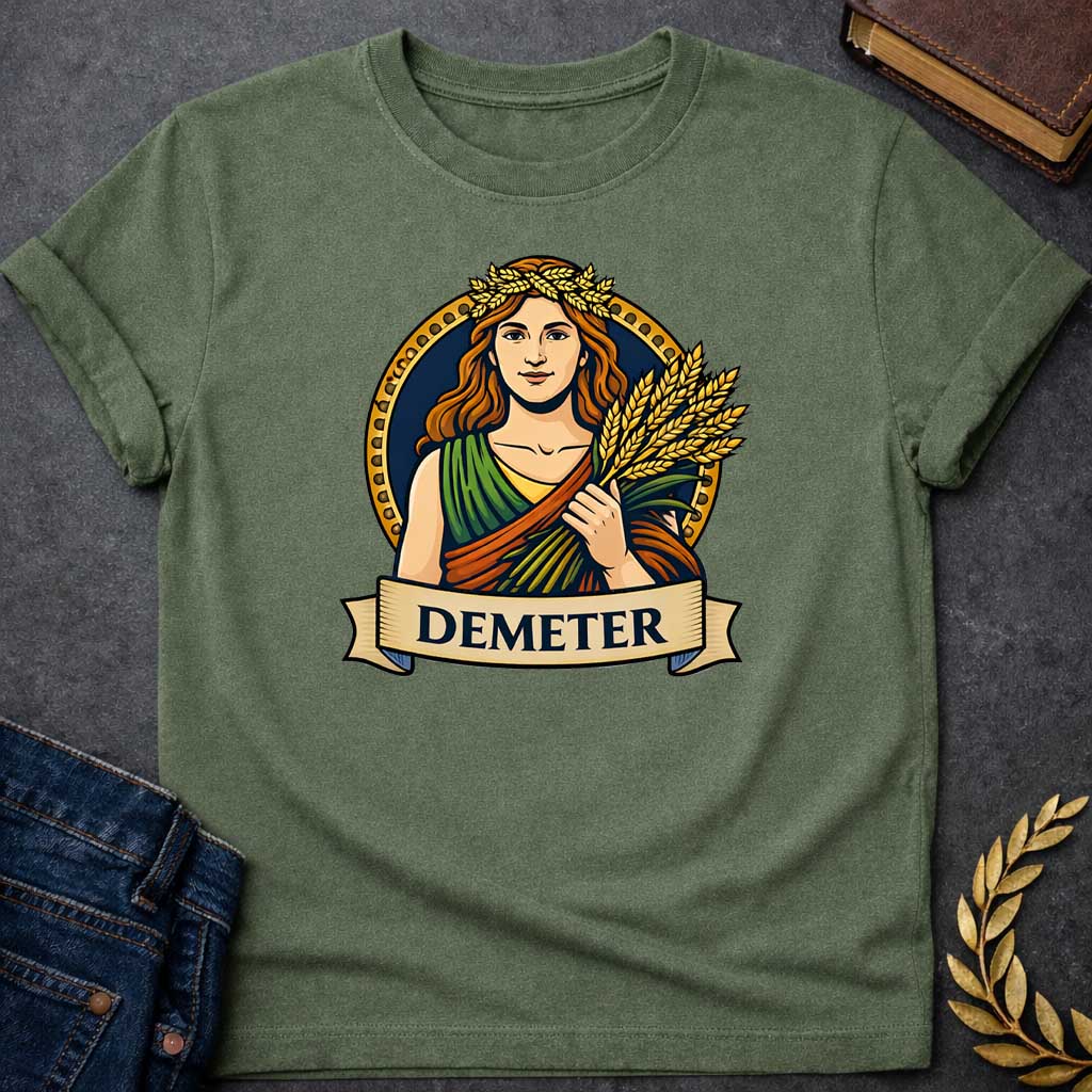 Military Green T-shirt graphic featuring a vibrant illustrated portrait of Demeter, the Greek Goddess of the Harvest, with long wavy red hair and a golden wheat wreath crown, wearing a layered green, orange, and yellow draped robe, holding a bundle of golden wheat stalks. She is framed within a gold circular border against a navy background, with a scroll banner below reading "Demeter," in a bold tattoo-inspired style with navy, gold, and earth tones