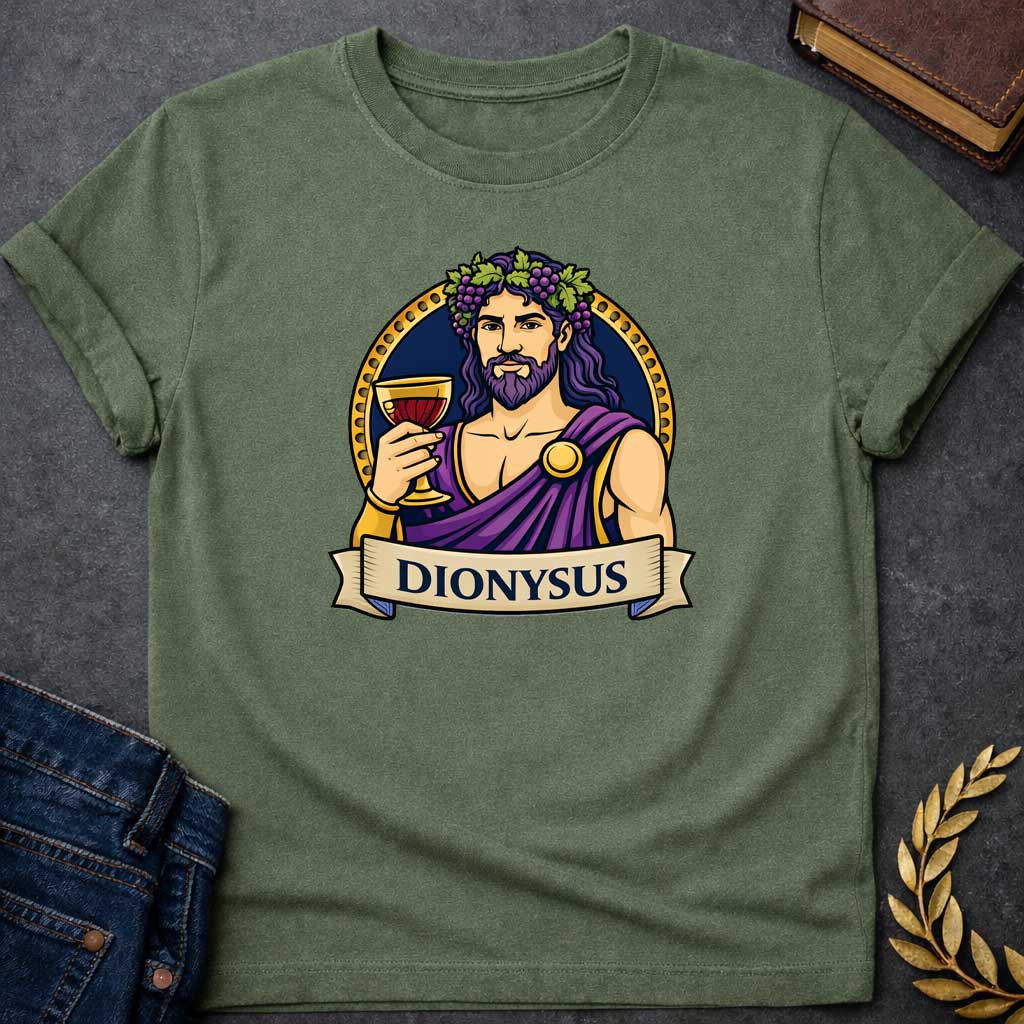 Military Green T-shirt graphic featuring a vibrant illustrated portrait of Dionysus, the Greek God of Wine, with long wavy purple hair and a beard, wearing a grape vine and leaf crown adorned with clusters of purple grapes, dressed in a purple draped robe fastened with a gold brooch, raising a golden goblet filled with red wine. He is framed within a gold circular border against a navy background, with a scroll banner below reading "Dionysus," in a bold tattoo-inspired style with navy, gold, and purple tone