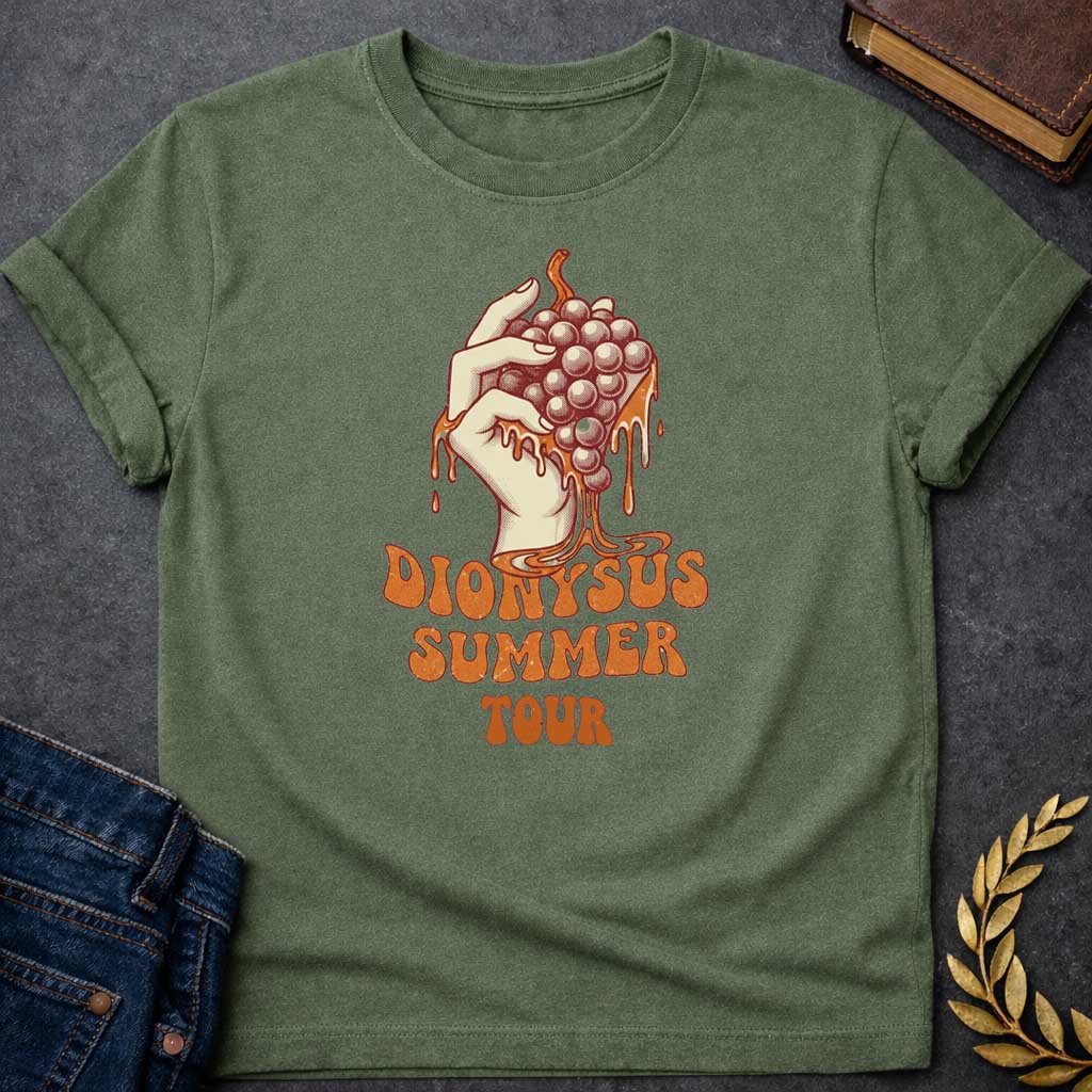 Military Green T-shirt graphic featuring a vintage-style illustration of a hand squeezing a bunch of grapes with juice dripping down, rendered in a retro halftone print style in cream and burnt orange tones.  Bold groovy retro lettering below reads "Dionysus Summer Tour," inspired by 1970s rock concert merchandise design
