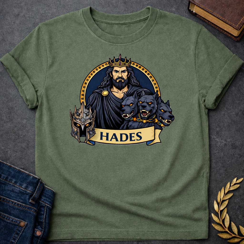 Military Green T-shirt graphic featuring a vibrant illustrated portrait of Hades, the Greek God of the Underworld, with long dark wavy hair and a beard, piercing blue eyes, wearing a dark hooded cloak fastened with a gold brooch and a jeweled gold crown. He is flanked by the three snarling heads of Cerberus wearing a gold and gemstone collar, with a dark battle helmet displayed to the left. He is framed within a gold circular border against a navy background, with a scroll banner below reading "Hades," in a