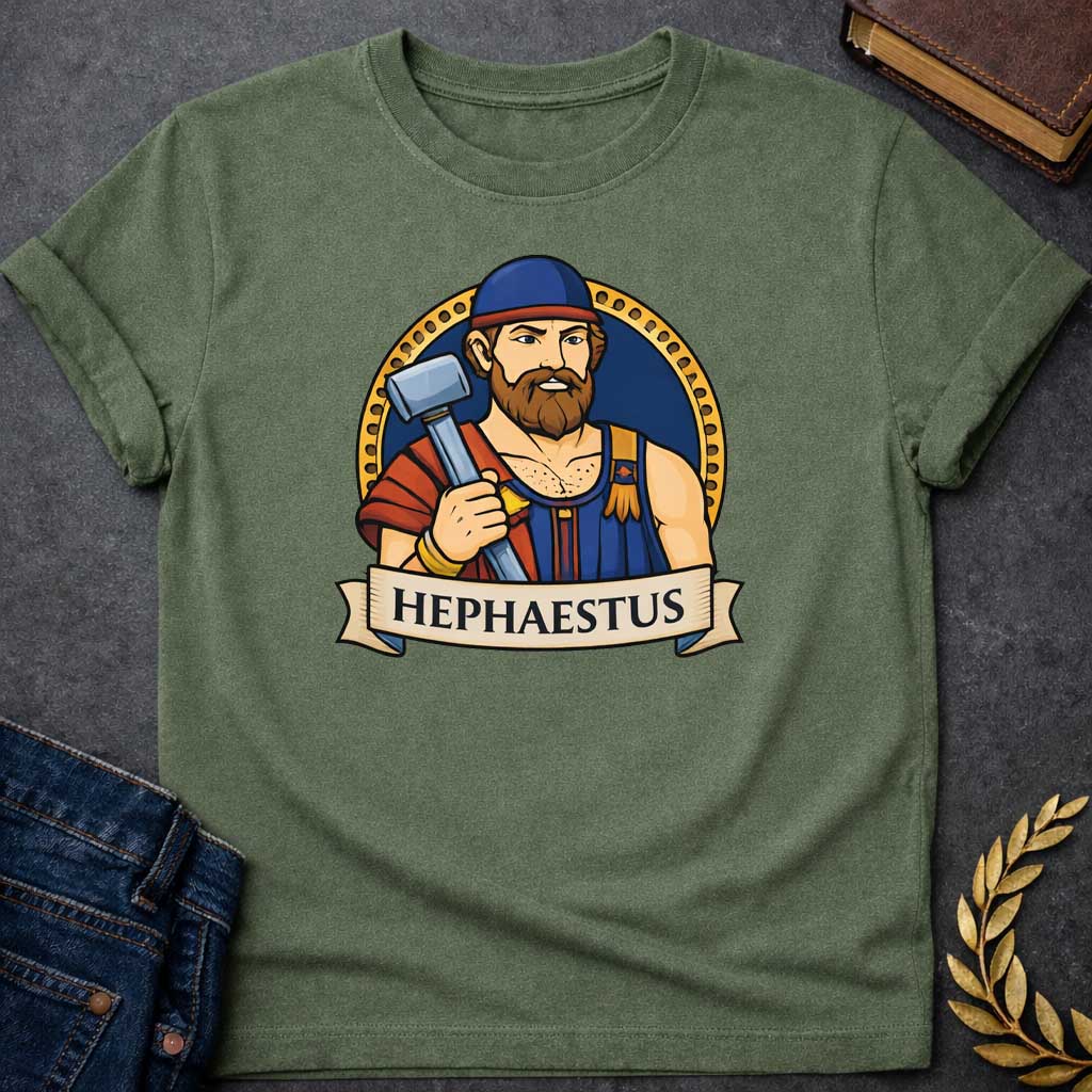Military Green T-shirt graphic featuring a vibrant illustrated portrait of Hephaestus, the Greek God of the Forge, depicted as a muscular bearded man with a full red-brown beard, wearing a blue workman's tunic with gold suspenders and a blue cap with a red brim, holding a large silver smith's hammer over his shoulder with soot marks on his chest. He is framed within a gold circular border against a navy background, with a scroll banner below reading "Hephaestus," in a bold tattoo-inspired style with navy, g