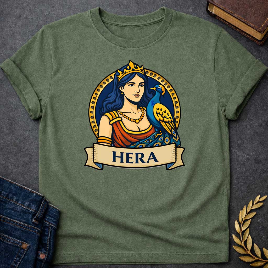 Military Green T-shirt graphic featuring a vibrant illustrated portrait of Hera, the Greek Queen of the Gods, with long dark blue wavy hair and a gold crown, wearing a red draped robe with gold arm bands and a gold beaded necklace, with a blue and gold peacock perched at her side displaying its ornate tail feathers. She is framed within a gold circular border against a navy background, with a scroll banner below reading "Hera," in a bold tattoo-inspired style with navy, gold, and red tones