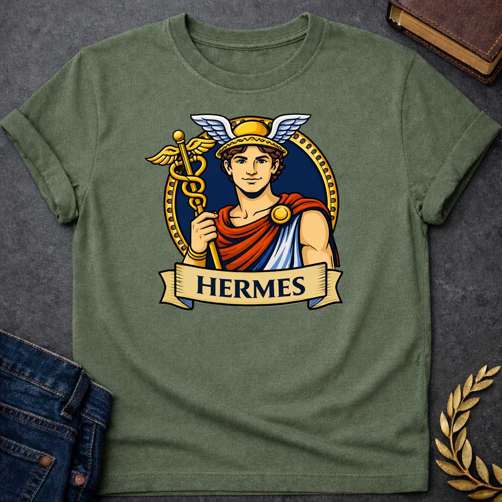 Military Green T-shirt graphic featuring a vibrant illustrated portrait of Hermes, the Greek Messenger God, as a young man with curly brown hair wearing a gold winged helmet, dressed in a red and blue draped robe fastened with a gold brooch, holding a golden caduceus staff entwined with two serpents and topped with wings. He is framed within a gold circular border against a navy background, with a scroll banner below reading "Hermes," in a bold tattoo-inspired style with navy, gold, and red tones
