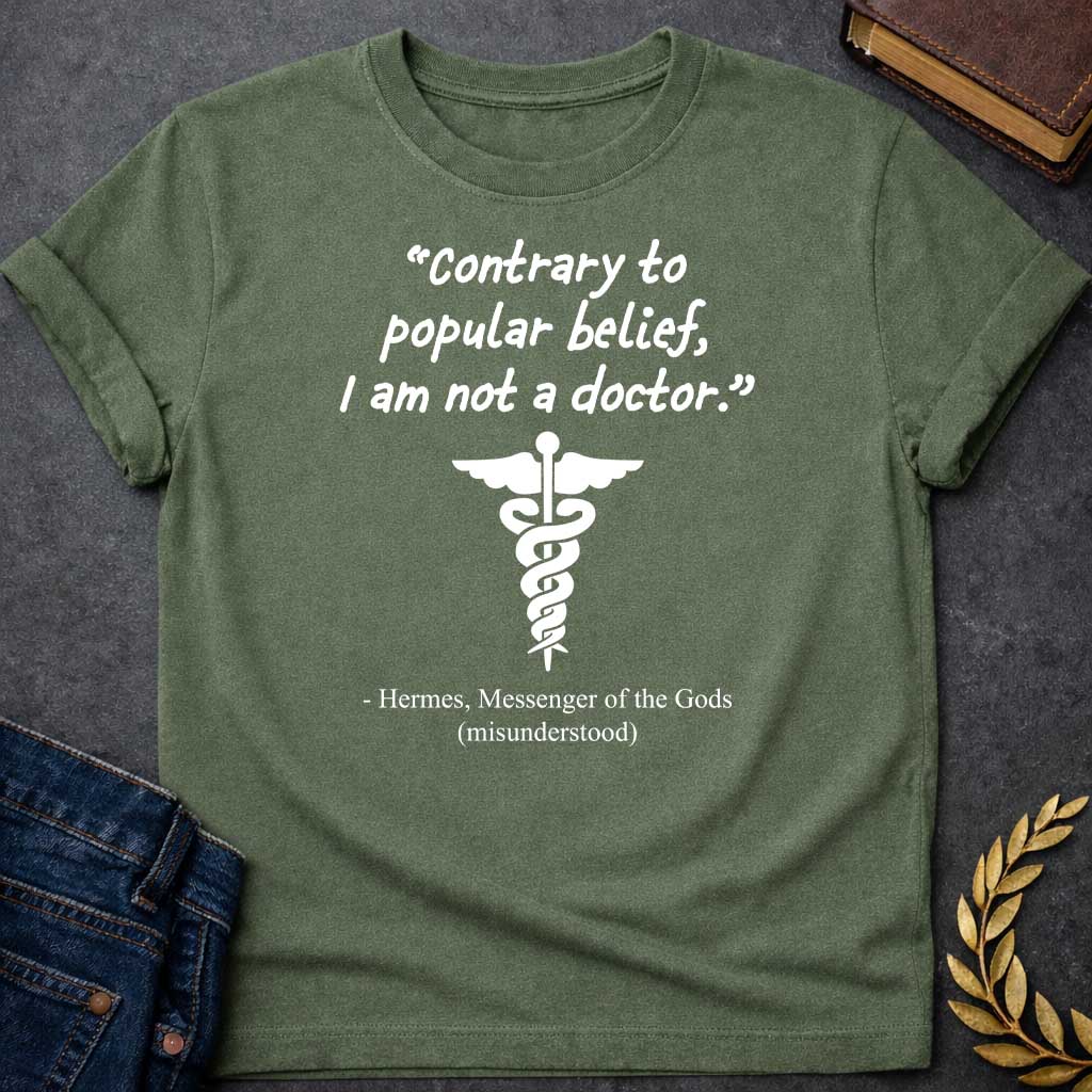 Military Green T-shirt graphic in white text featuring a handwritten-style quote reading "Contrary to popular belief, I am not a doctor." above a white caduceus symbol, with the humorous attribution below in serif text reading "- Hermes, Messenger of the Gods (misunderstood)," playing on the common confusion between Hermes' caduceus and the medical symbol