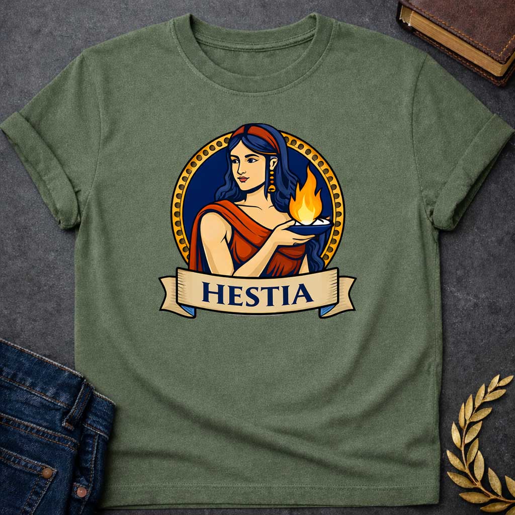 Military Green T-shirt graphic featuring a vibrant illustrated portrait of Hestia, the Greek Goddess of the Hearth, with long dark blue wavy hair and a red headband, wearing gold drop earrings and a red draped robe, gently cradling a blue oil lamp with a glowing flame in her outstretched hands. She is framed within a gold circular border against a navy background, with a scroll banner below reading "Hestia," in a bold tattoo-inspired style with navy, gold, and red tones