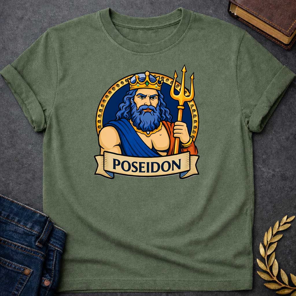 Military Green T-shirt graphic featuring a vibrant illustrated portrait of Poseidon, the Greek God of the Sea, as a powerful muscular man with long wavy blue hair and a full blue beard, wearing a gold jeweled crown and a blue and red draped robe with a gold necklace, gripping a large golden trident. He is framed within a gold circular border against a navy background, with a scroll banner below reading "Poseidon," in a bold tattoo-inspired style with navy, gold, and blue tones