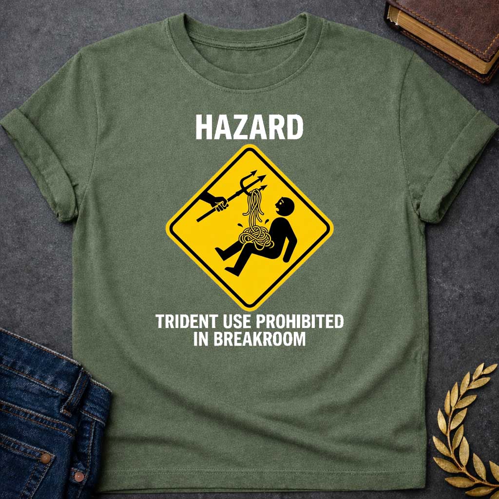 Military Green T-Shirt with a humorous design featuring a bold, yellow, diamond-shaped warning sign. Inside the sign, a stick figure falls backward, looking shocked as a pile of tangled yellow spaghetti spills from their chest and stomach. Above them, an outstretched black silhouette of a hand holds a trident, which has a forkful of the spaghetti tangled in its tines, appearing to have just pulled the pasta away. Above the sign, the word "HAZARD" is printed in large, white, block letters. Below the sign, th