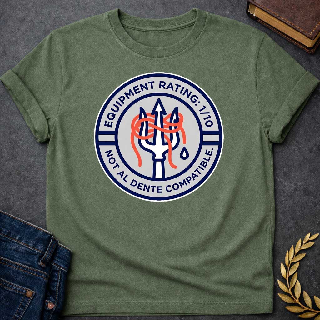 Military Green T-Shirt A circular patch-style graphic design. The design features a light gray inner circle surrounded by a thick navy blue border.  In the center, a white trident outlined in navy blue has a tangle of bright orange spaghetti coiled around its tines. A single blue water droplet sits to the right of the trident's handle.  The top half of the navy border contains the white text: "EQUIPMENT RATING: 1/10".  The bottom half of the border contains the white text: "NOT AL DENTE COMPATIBLE."  The en