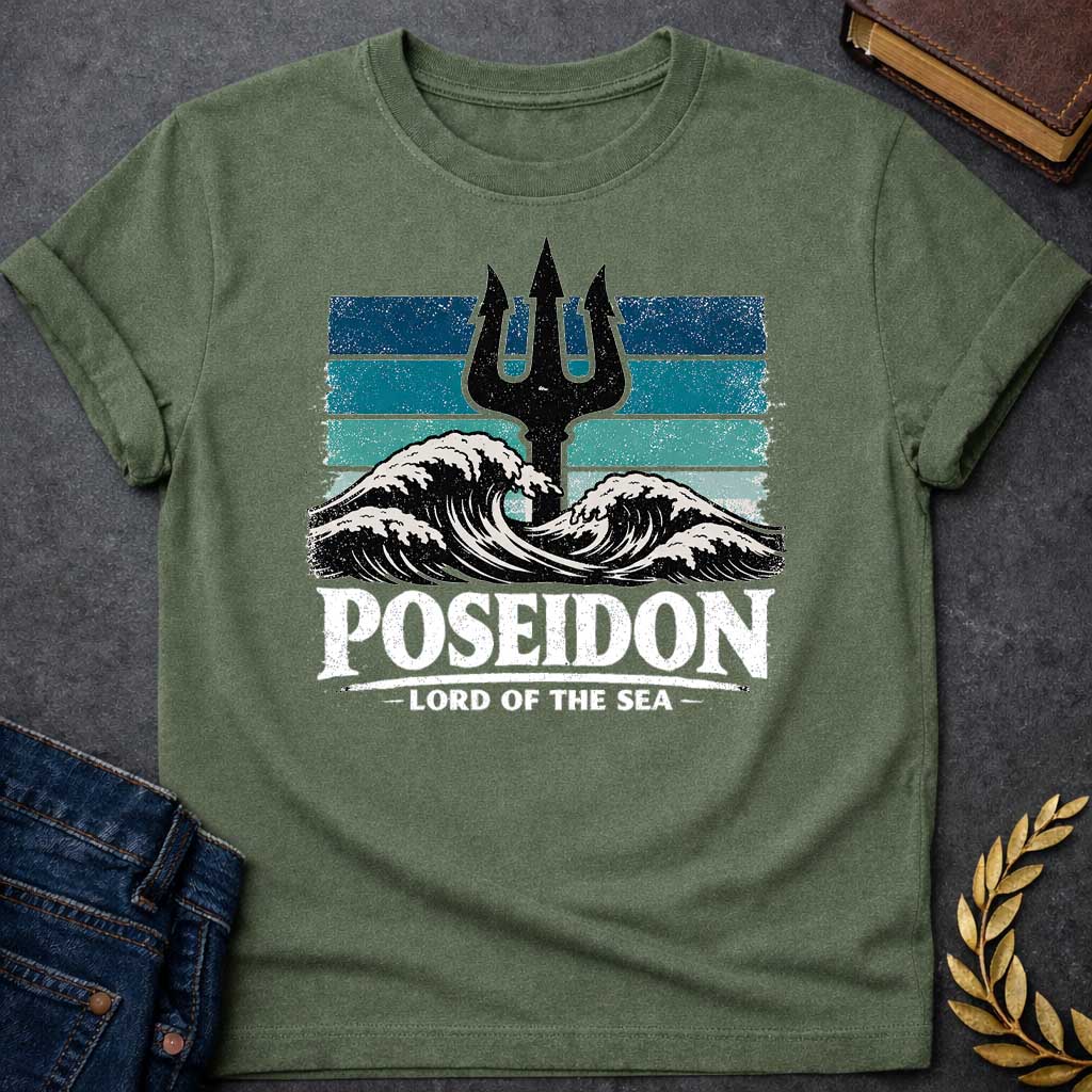 Military Green T-Shirt A vintage-style graphic shirt design.  The central image features a distressed, black silhouette of a trident rising from the center of crashing, white-capped ocean waves. Behind the trident is a square background made of horizontal stripes in shades of blue, teal, and light seafoam, all with a heavily weathered and grainy texture. Below the waves, the name "POSEIDON" is written in large, bold, white distressed block letters. Underneath the name, the title "— LORD OF THE SEA —" is dis