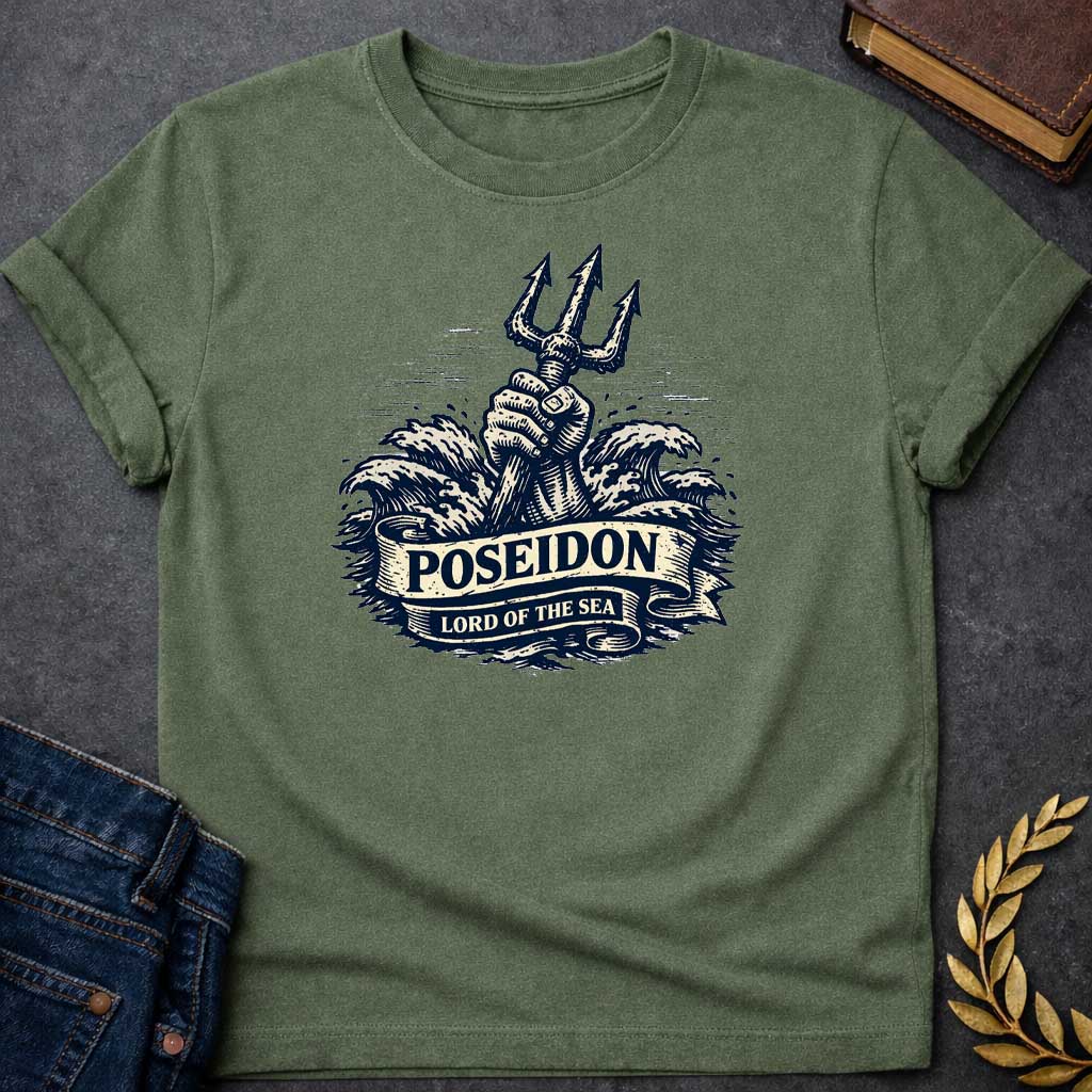Military Green T-shirt graphic in a vintage nautical woodcut style featuring a powerful fist rising from crashing ocean waves while gripping a trident upright, with a scroll banner across the middle reading "Poseidon" above and "Lord of the Sea" below, referencing Poseidon, the Greek God of the Sea