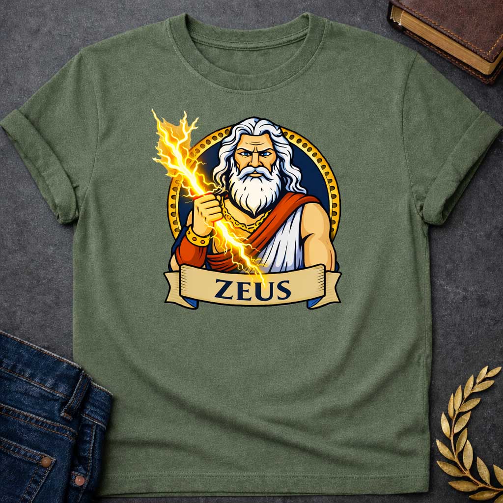 Military Green T-shirt graphic featuring a vibrant illustrated portrait of Zeus, the Greek King of the Gods, as a powerful older man with long wavy white hair and a full white beard, piercing blue eyes, wearing a white draped robe with a red sash and a gold chain necklace and bracelet, wielding a crackling golden lightning bolt. He is framed within a gold circular border against a navy background, with a scroll banner below reading "Zeus," in a bold tattoo-inspired style with navy, gold, and white tones