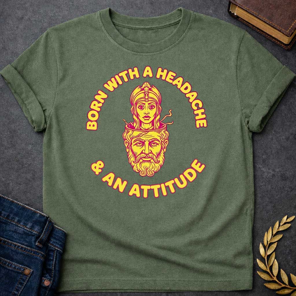 Military Green T-shirt graphic in yellow and pink featuring a retro illustration of Athena emerging from the split-open head of Zeus, depicted as a bearded older man with his cranium open at the top. Bold rounded yellow text with pink outline curves around the circular design reading "Born with a Headache" arched above and "& an Attitude" arched below — a humorous reference to the Greek myth of Athena's birth, in a vintage biker patch style set