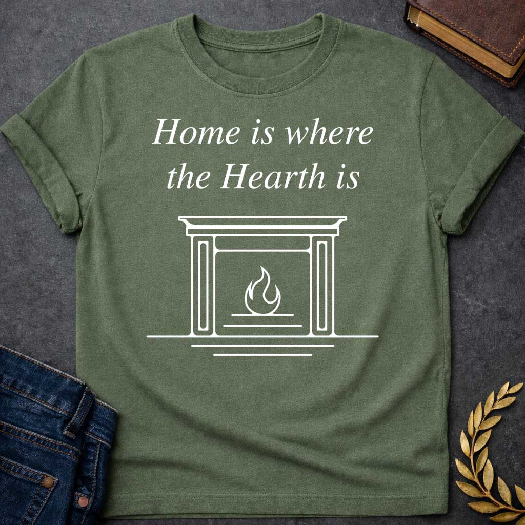 Military Green T-shirt graphic in white featuring elegant italic serif text reading "Home is where the Hearth is" above a clean minimal line-art illustration of a fireplace mantel with a flame burning inside — a wordplay pun referencing Hestia, the Greek Goddess of the Hearth