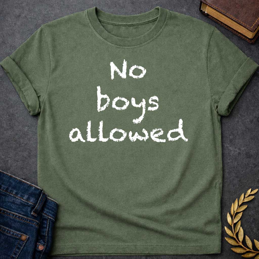 Military Green T-shirt graphic in white text featuring rough hand-carved or bark-textured text reading "No boys allowed" a humorous nod to Artemis, the Greek Goddess of the Hunt and sworn virgin goddess who famously rejected male company