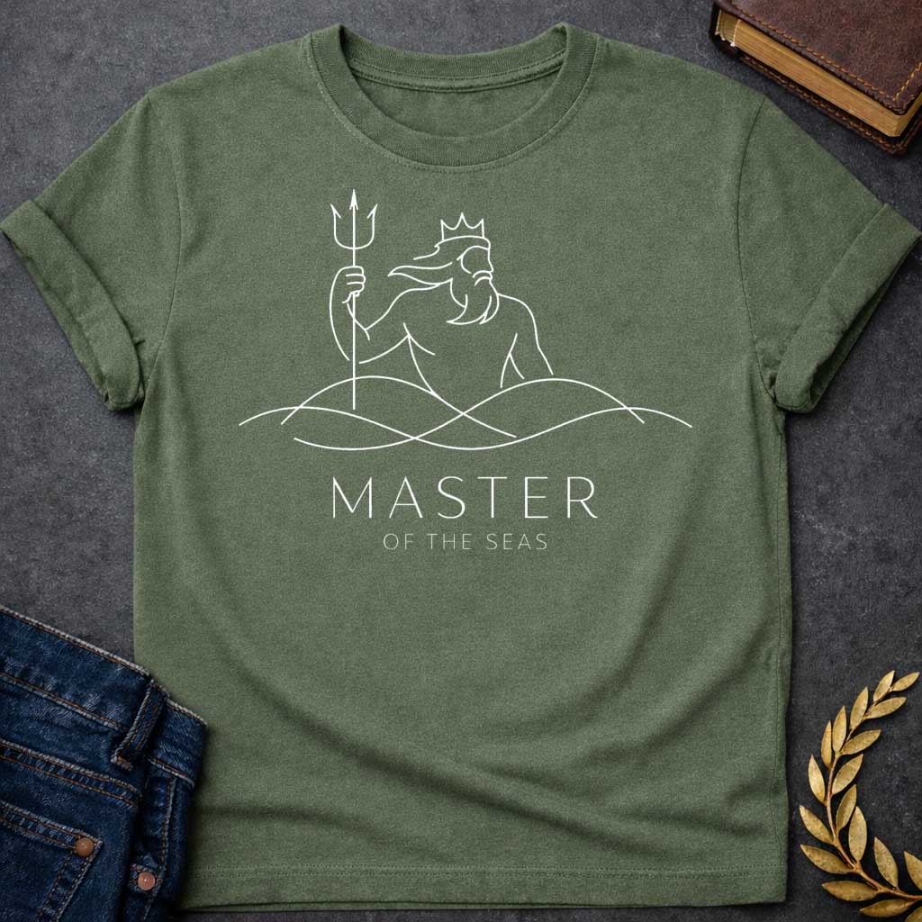 Military Green T-shirt graphic in white text featuring an elegant single-line art illustration of Poseidon wearing a crown, rising from stylized ocean waves while holding a trident, with refined spaced uppercase text below reading "MASTER" and smaller white text underneath reading "OF THE SEAS" — referencing Poseidon, the Greek God of the Sea, in a modern minimalist style