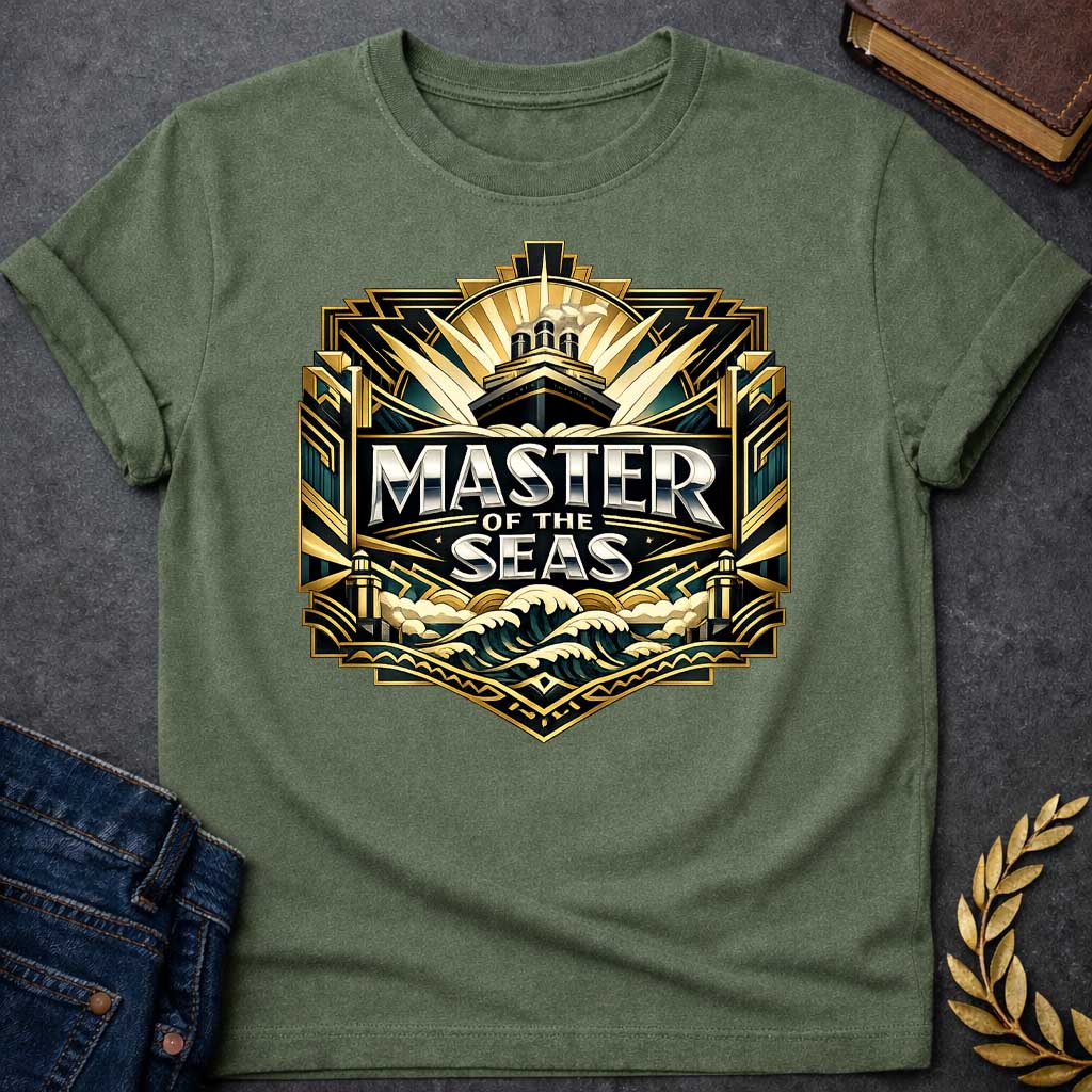 Military Green T-shirt graphic featuring a lavish Art Deco shield-shaped badge design in dark teal, gold, and silver. A ocean liner ship emerges from sunburst rays at the top, above bold silver chrome text reading "Master of the Seas" centered on a dark background, with stylized crashing gold and teal waves below and ornate geometric architectural columns flanking the sides — referencing Poseidon, the Greek God of the Sea