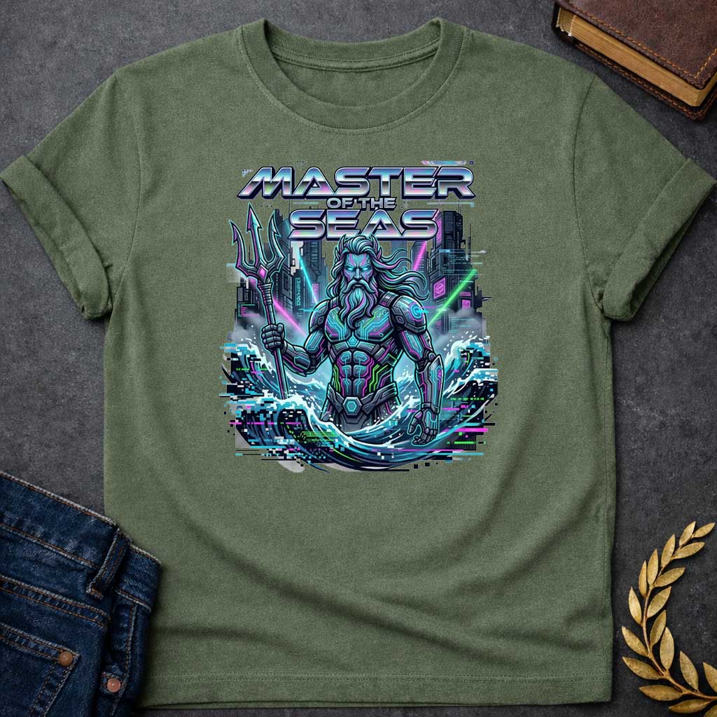 Military Green T-shirt graphic featuring a cyberpunk reimagining of Poseidon, the Greek God of the Sea, depicted as a powerful bearded figure in glowing neon-lit futuristic armor with circuit board detailing, wielding a high-tech trident, rising from crashing waves against a dark dystopian cityscape backdrop with glitch effects and pixel artifacts. Bold chrome holographic text arched above reads "Master of the Seas" in a retro-futuristic font, rendered in neon teal, purple, and green tones,